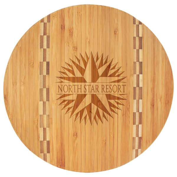 Personalized 11 3/4" Round Bamboo Cutting Board with Butcher Block Inlay