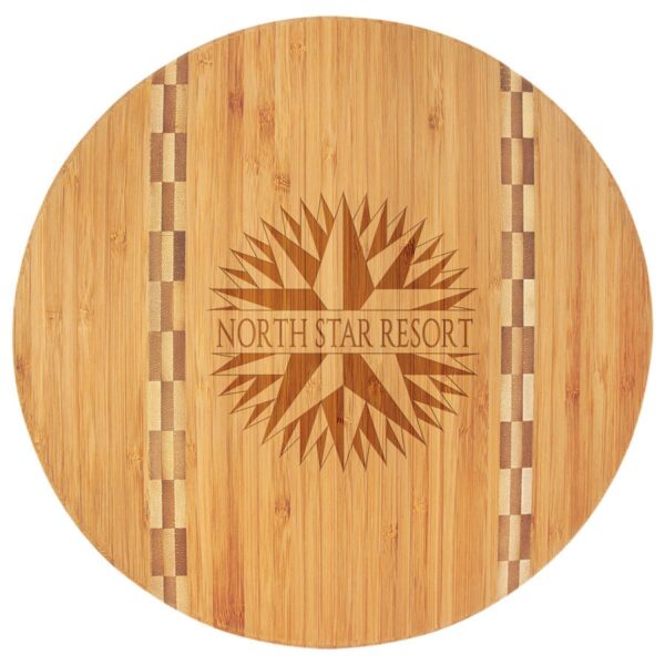 Personalized 11 3/4" Round Bamboo Cutting Board with Butcher Block Inlay