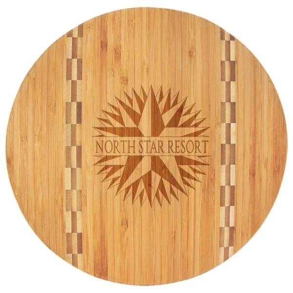 Personalized 11 3/4" Round Bamboo Cutting Board with Butcher Block Inlay