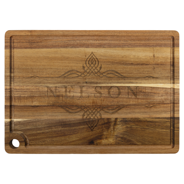 Personalized 13 3/4" x 9 3/4" Acacia Cutting Board with Drip Ring and Corner Hole