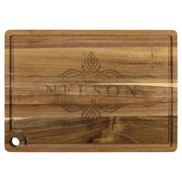 Personalized 13 3/4" x 9 3/4" Acacia Cutting Board with Drip Ring and Corner Hole