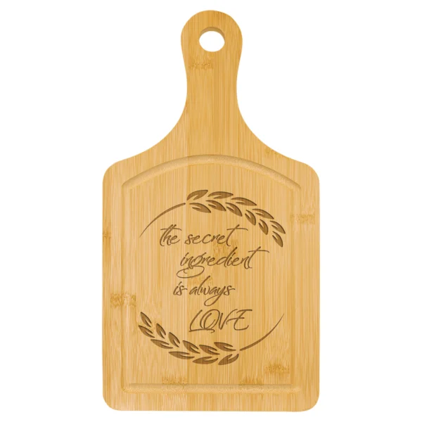 Personalized 13 1/2" x 7" Bamboo Cutting Board Paddle Shape with Drip Ring