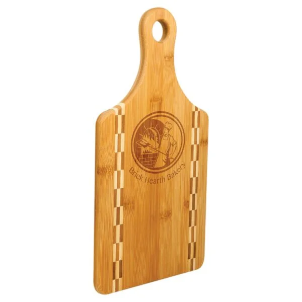 Personalized 13 1/2" x 7" Paddle Shaped Bamboo Cutting Board with Butcher Block Inlay