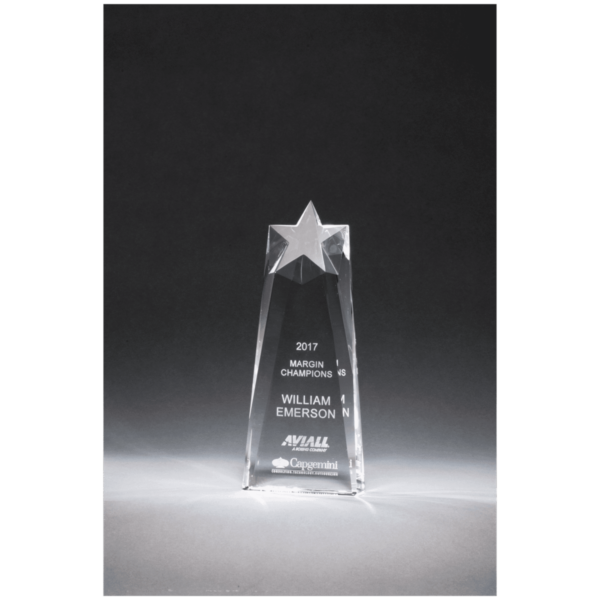 Custom Engraved 4" x 9 1/2" x 1 1/2" (Tapered) Star Trophy Carved From a Block of Crystal