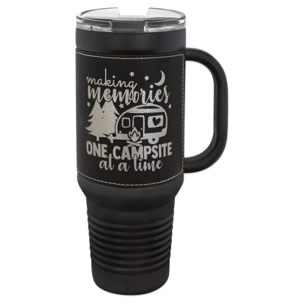 Personalized 40 oz. Black with Black/Silver Leatherette Travel Mug