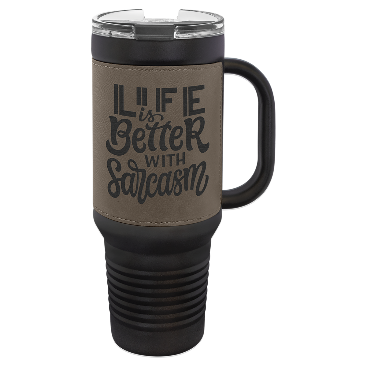 Personalized 40 oz. Black with Black/Silver Leatherette Travel Mug - Image 3