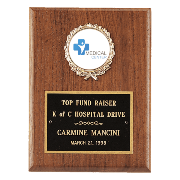 Custom Engraved 4 1/2" x 6" Walnut Plaque with Gold Border Black Brass
