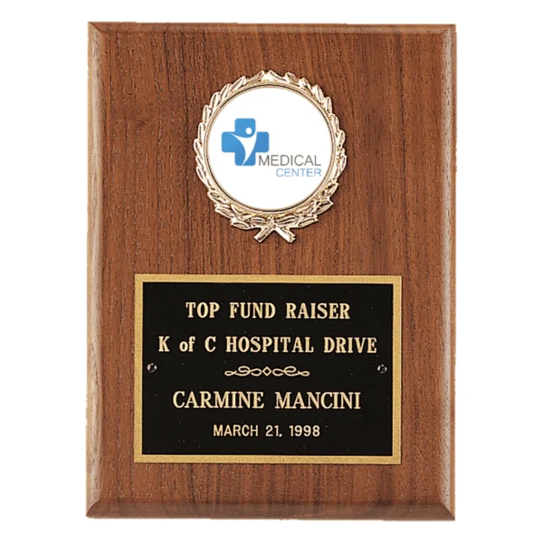 Custom Engraved 6" x 8" Walnut Plaque with Gold Border Black Brass