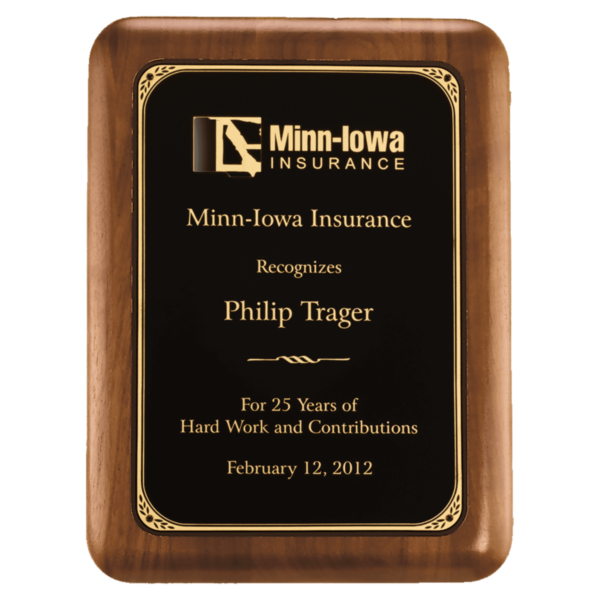 Custom Engraved 8" x 10 1/2" Walnut Plaque with Gold Border Black Brass