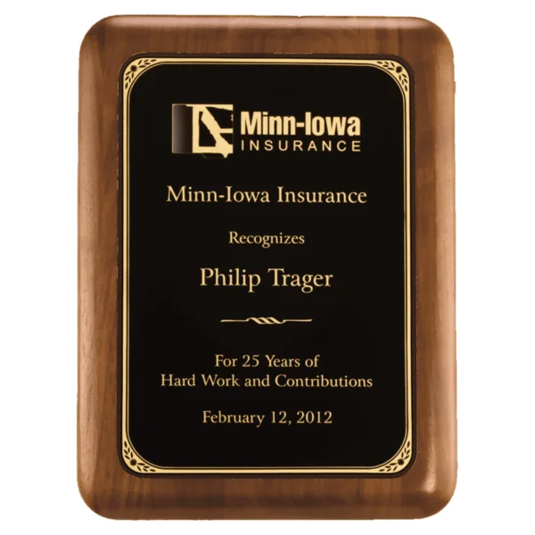 Custom Engraved 8" x 10 1/2" Walnut Plaque with Gold Border Black Brass