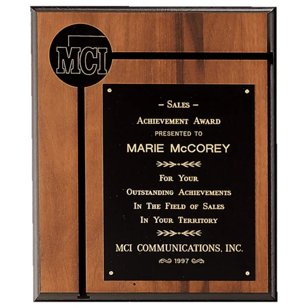 Custom Engraved 12" x 14" Walnut Routed Plaque w/Black Brass and 2 1/2" Black Brass Disc