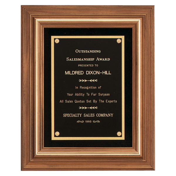 Custom Engraved 12" x 14" Walnut Framed Plaque w/Gold Trim & Black Velour Back, Black Brass