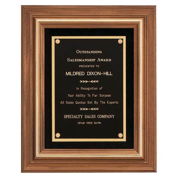 Custom Engraved 12" x 14" Walnut Framed Plaque w/Gold Trim & Black Velour Back, Black Brass