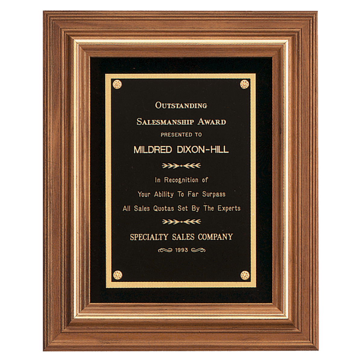Custom Engraved 12" x 14" Walnut Framed Plaque w/Gold Trim & Black Velour Back, Black Brass