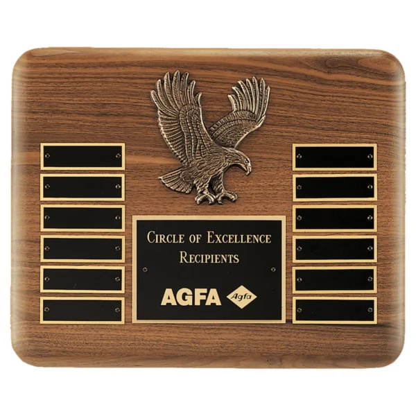 Custom Engraved 13" X 10 1/2" Solid Walnut Plaque Black Header and 12 Perpetual Plates