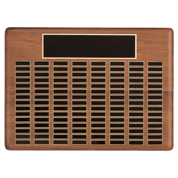 Custom Engraved 22" x 30"Walnut 144 Plate Perpetual Plaque with Black Brassd Steel Plates