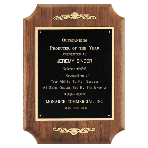 Custom Engraved 11" x 15" Walnut Scalloped Corner Plaque Black Plate