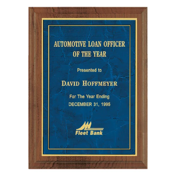 Custom Engraved 8" x 10" Walnut Step Edge Plaque wiht a Gold Border Sapphire Marble Plate