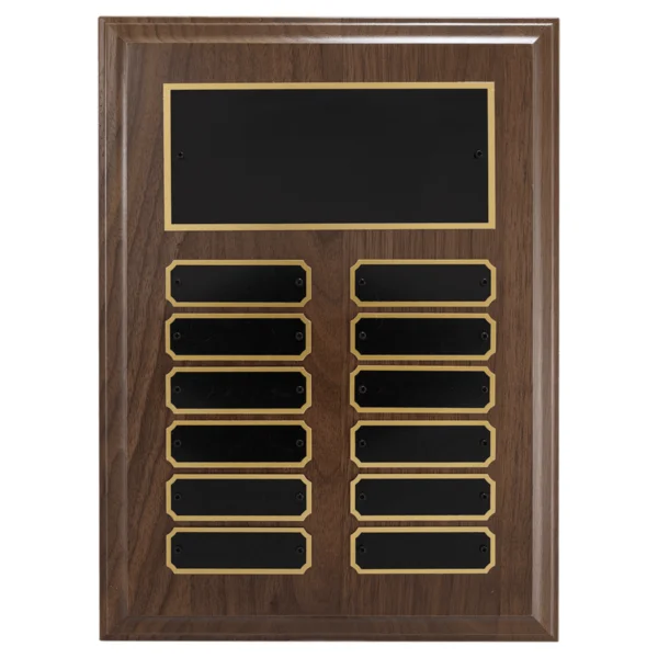 Custom Engraved 9" x 12"Walnut Step-Edge 12 Plate Perpetual Plaque with Black Brass