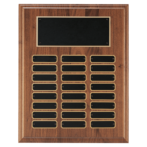 Custom Engraved 12" x 15" Walnut Step-Edge 24 Plate Perpetual Plaque with Black Brass
