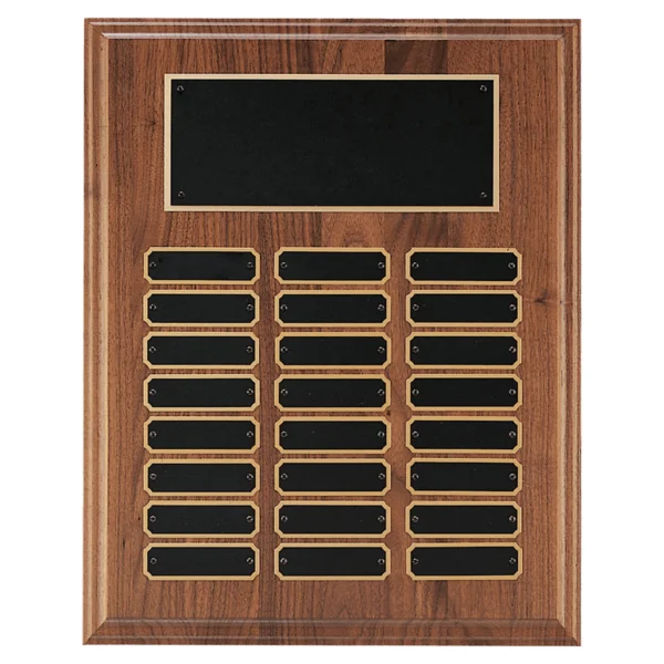 Custom Engraved 12" x 15" Walnut Step-Edge 24 Plate Perpetual Plaque with Black Brass
