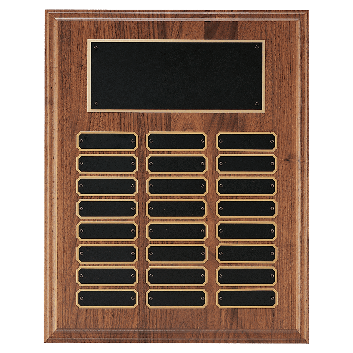 Custom Engraved 12" x 15" Walnut Step-Edge 24 Plate Perpetual Plaque with Black Brass