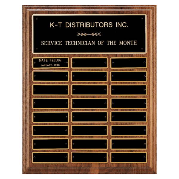 Custom Engraved 12" x 15"Walnut Step-Edge 24 Plate Perpetual Plaque with Black Brass