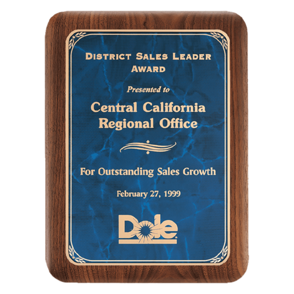 Custom Engraved 7" X 9" Walnut Plaque with Gold Border Sapphire Marble Plate