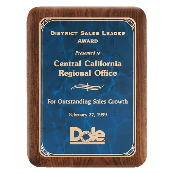 Custom Engraved 7" X 9" Walnut Plaque with Gold Border Sapphire Marble Plate