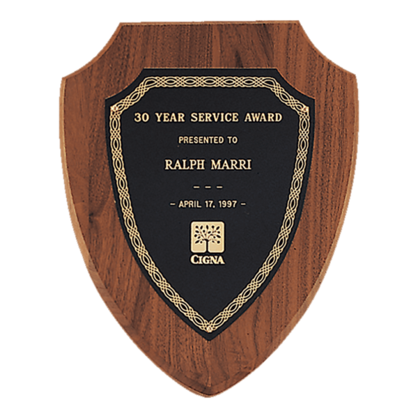 Custom Engraved 10" x 12" Jewelers Black Gold Border Shield Plate on an Walnut Shield Plaque- Sheffield
