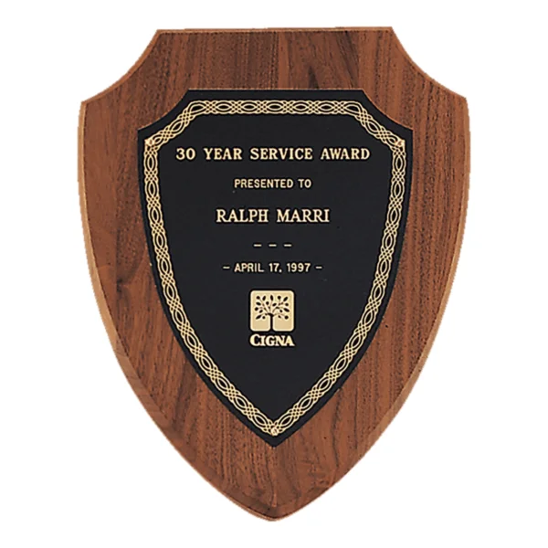 Custom Engraved 10" x 12" Jewelers Black Gold Border Shield Plate on an Walnut Shield Plaque- Sheffield