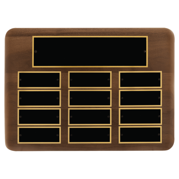 Custom Engraved 11" x 15"Walnut 12 Plate Perpetual Plaque with Black Brass