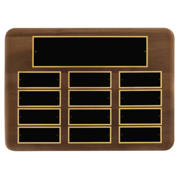 Custom Engraved 11" x 15"Walnut 12 Plate Perpetual Plaque with Black Brass