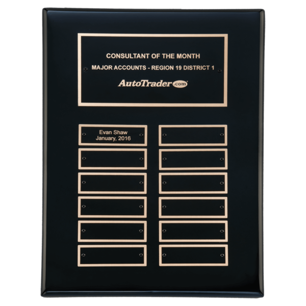 Custom Engraved 9" x 12" Black Piano 12 Plate Perpetual Plaque with Black Brass