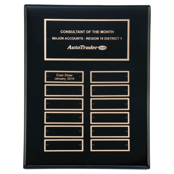 Custom Engraved 9" x 12" Black Piano 12 Plate Perpetual Plaque with Black Brass