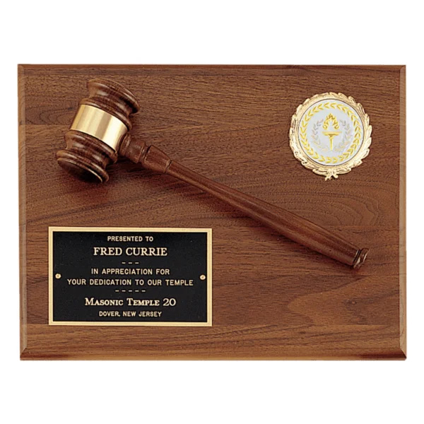 Custom Engraved Solid Walnut Plaque with a Walnut Gavel, Black Brass