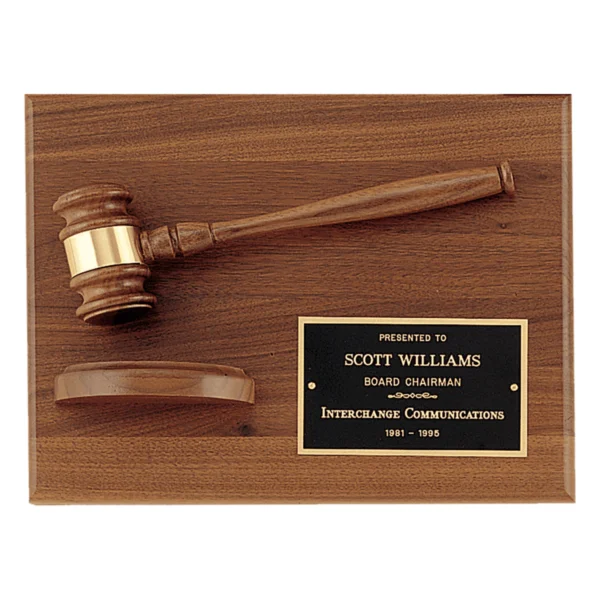 Custom Engraved 9" x 12" Solid Walnut Plaque with a Walnut Gavel, Black Brass
