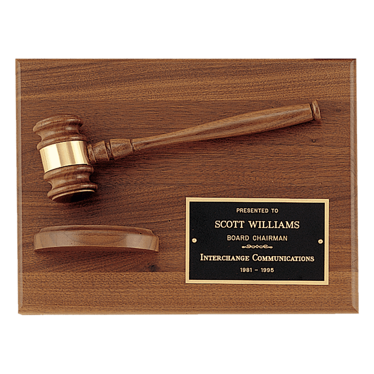 Custom Engraved 9" x 12" Solid Walnut Plaque with a Walnut Gavel, Black Brass