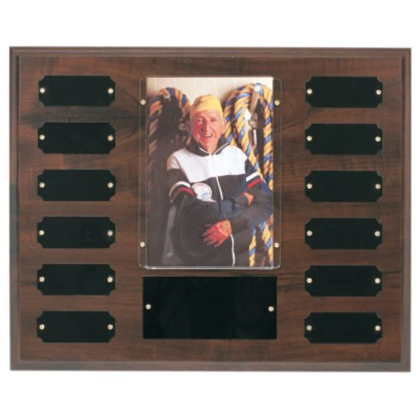 Custom Engraved 12 Plate w/ 4" x 6" Photo Holder, Completed Cherry Finish Perpetual Plaque