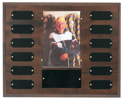 Custom Engraved 12 Plate w/ 4" x 6" Photo Holder, Completed Cherry Finish Perpetual Plaque