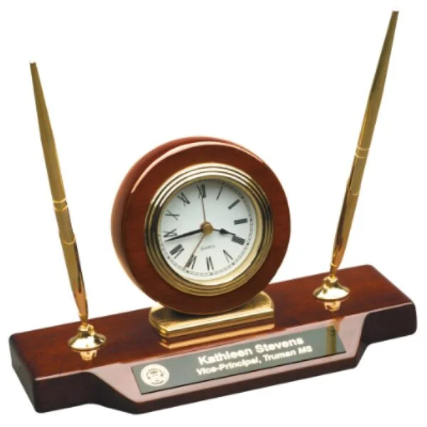 Custom Engraved 9" x 4 3/4" Piano Desk Clock on Base with 2 Pens